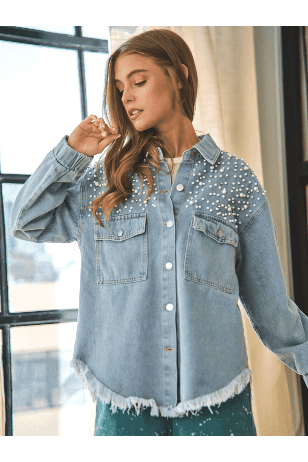 Collared Neck Raw Hem Dropped Shoulder Denim Jacket - SwagglyLife Home & Fashion